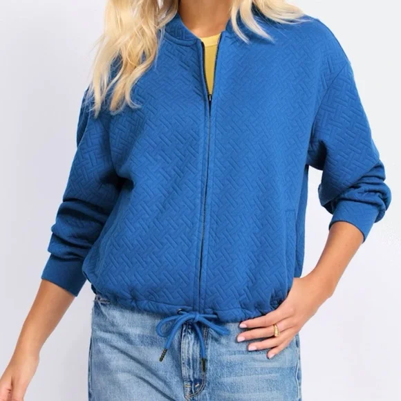 Les Serein Megan Quilted Knit Bomber Jacket Blue Textured Drawstring Size M NWT - Picture 2 of 6